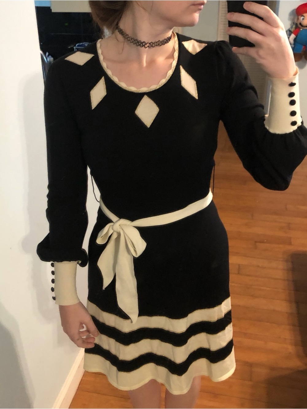 Target Black and Cream Long-Sleeve A-Line Dress with Tie Belt